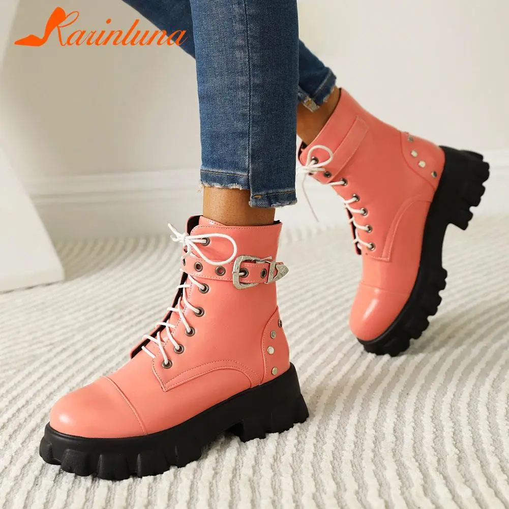 

Karinluna Fashion New Female Cross-Tied Square Heels Round Toe Boots Lace-Up Platform Solid Ankle Boots Women Big Size 33-46