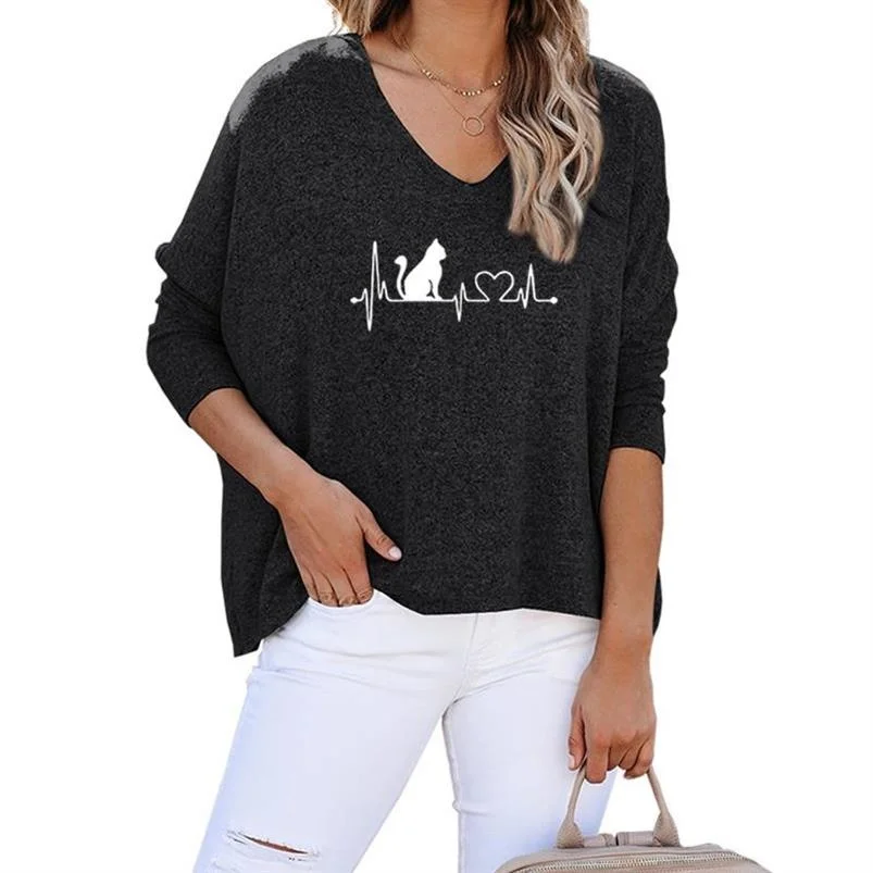 

New Fashion T-Shirt For Women Cat Heartbeat Print Bat Sleeve V-Neck Loose Pullover T-Shirt Famale Top Harajuku Tops Punk Plus