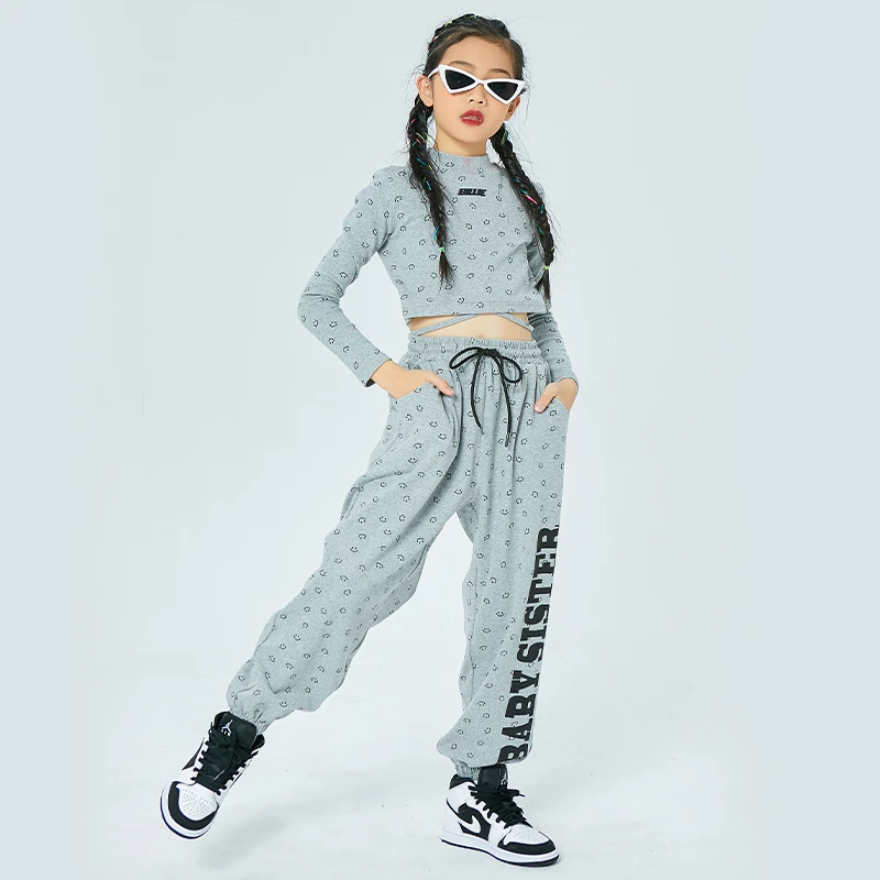 

Hip Hop Practice Clothes Jazz Dancing Crop Tos Pants for Girls Gray Suit Sport Street Ballroom Dance Costume Rave Wear 120 - 170