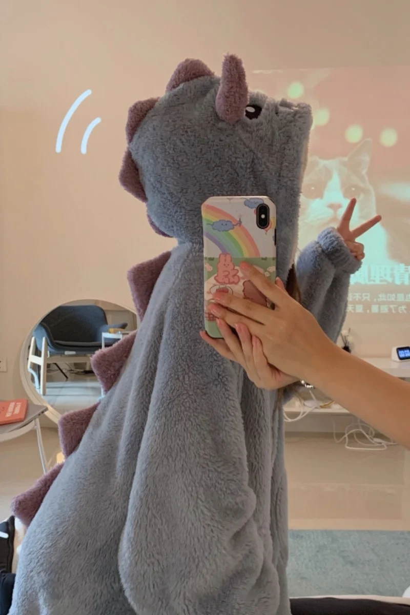 Thickened Cotton Pajamas Winter Women's 2021 New Cute One-piece Funny Dinosaur Winter Nightgown Loose Long Nightdress