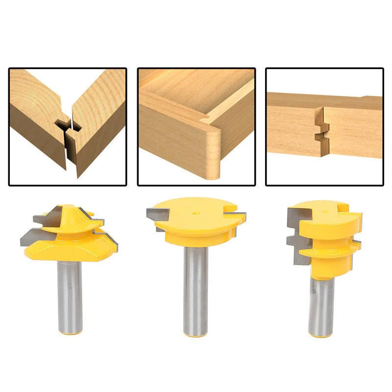 

3PC/Set 1/2" 12.7MM Shank Milling Cutter Wood Carving Tenon Router Bits Set Drawer Molding 45 Degree Lock Miter Bit Glue Joint