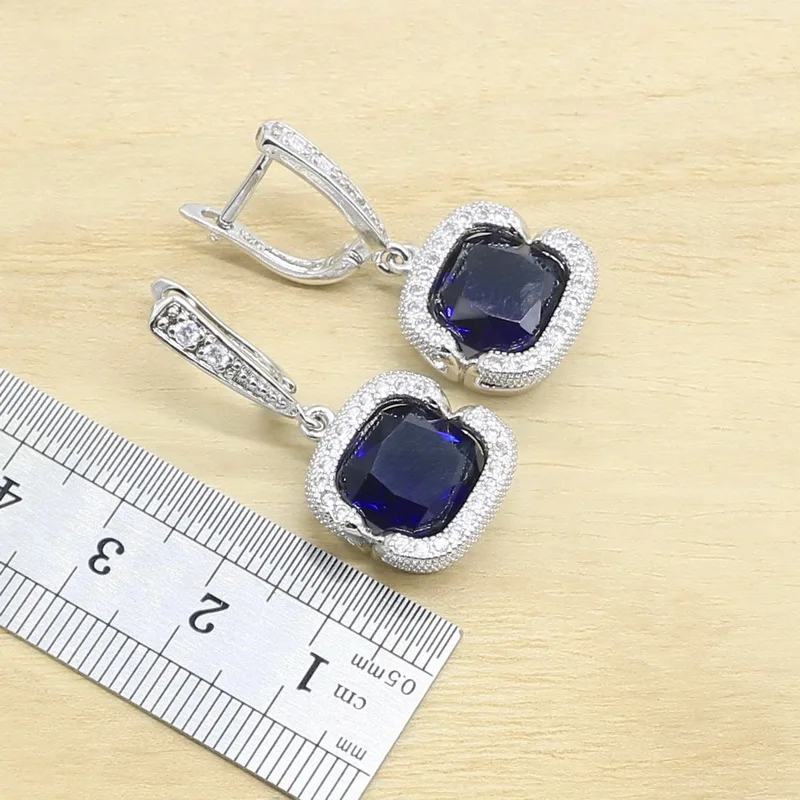 Classic Blue Semi-precious Silver Color Bridal Jewelry Sets For Women Necklace Earrings Ring Pendant Bracelets Gift Box | Украшения и