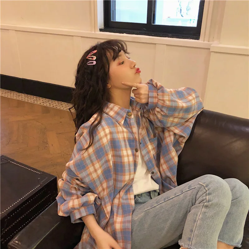 Летняя Корейская версия свободной клетчатой рубашки Женская Студенческая Ретро