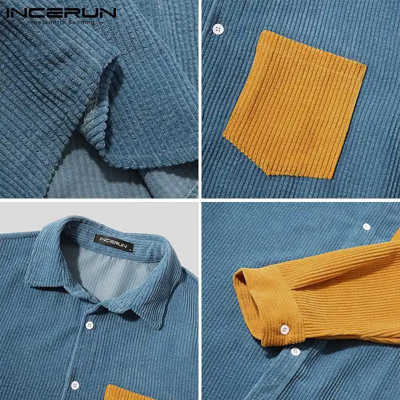 

INCERUN Men Patchwork Shirt Lapel Streetwear Long Sleeve Casual Corduroy Shirts 2021 Spring Pockets Vintage Camisa Masculina 3XL