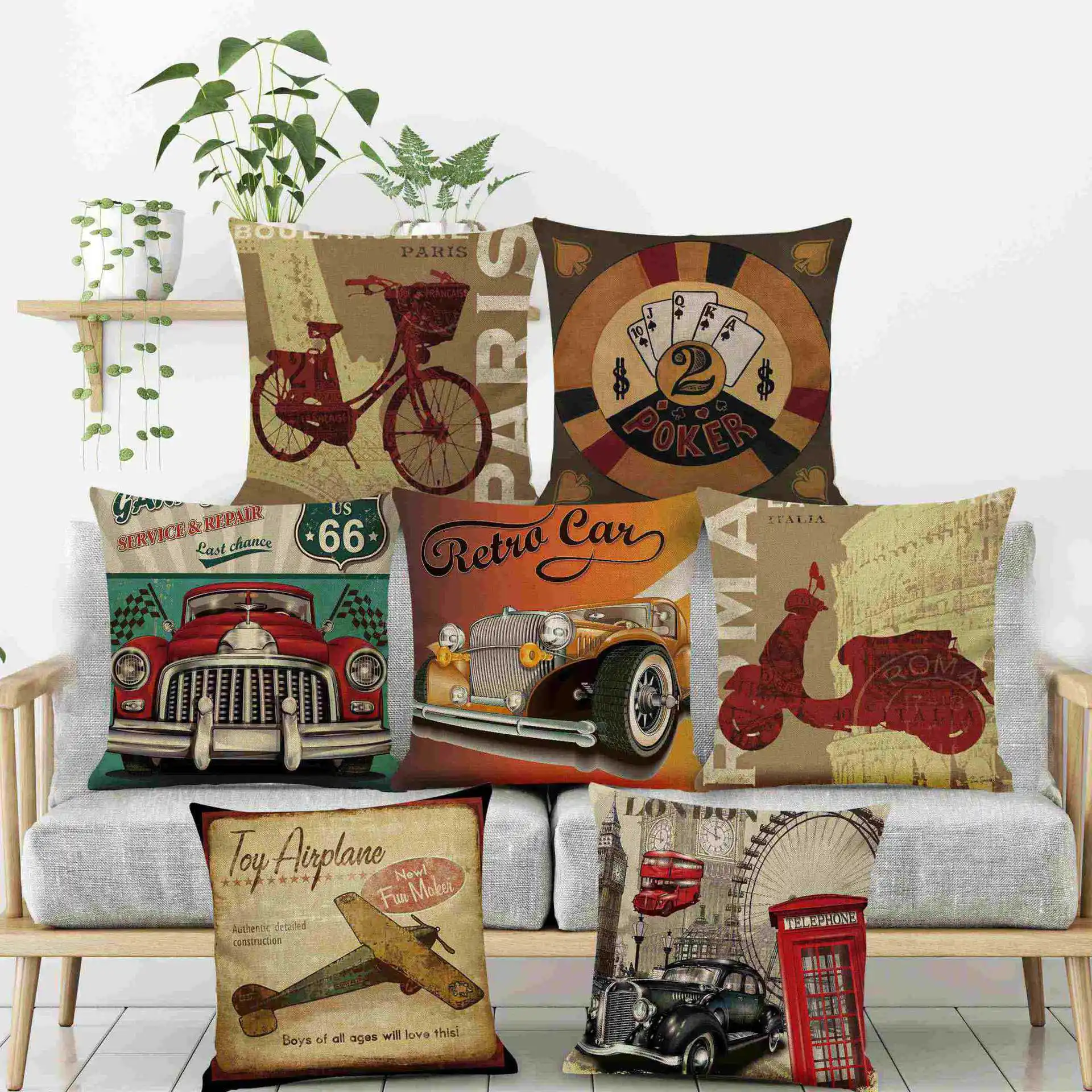 

Vintage car beer plane retro style garage route 66 Linen back Cushion fabric Cloth printed Pillow with cusion