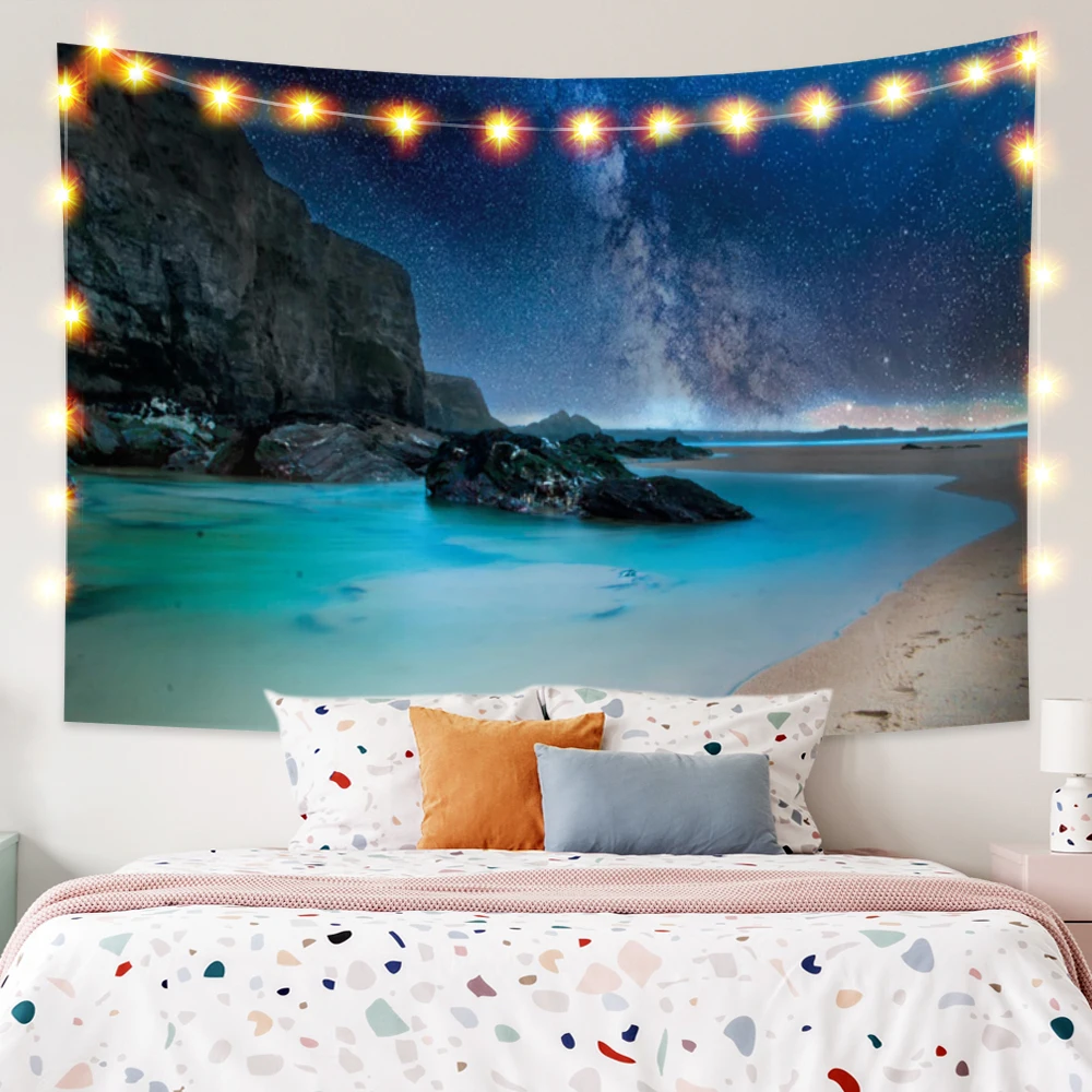 

Natural Landscape Tapestry Rocky Beach with Starry Night Sky Fashion Wall Hanging Bedroom Dorm Art Decoration Picnic Beach Mat