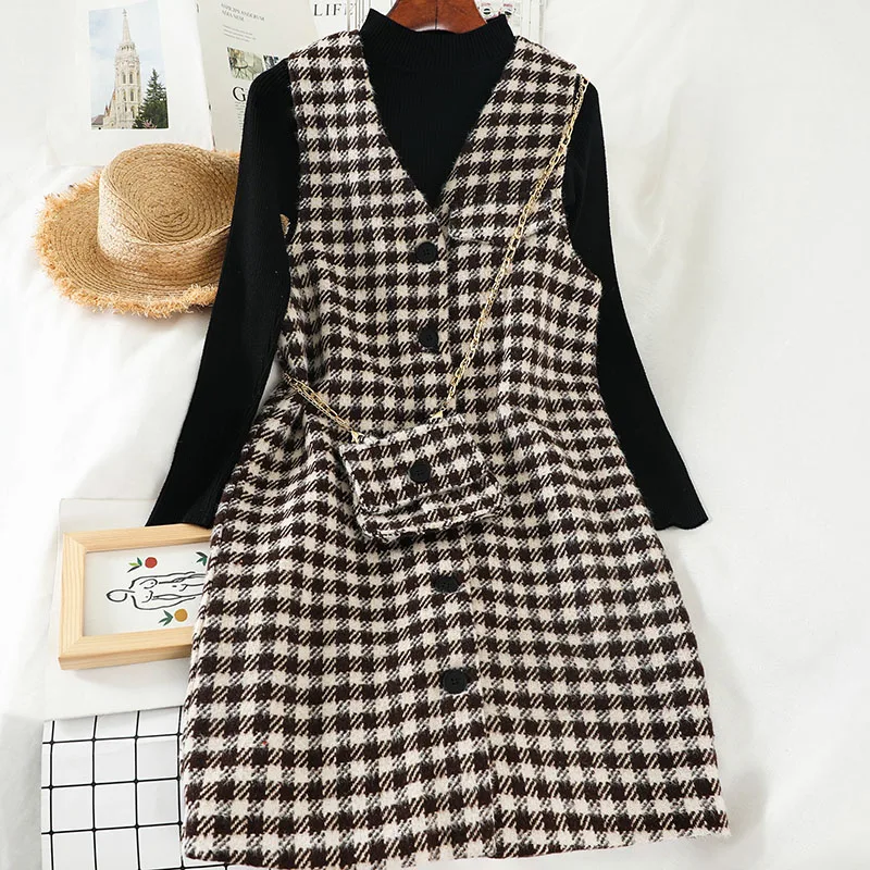2019 Новая модная женская одежда вязаное клетчатое платье жилет Комплект из трех