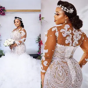 Vintage Plus Size African Mermaid Wedding Dresses 2021 Nude Lining And White Lace Appliqued Illusion Long Sleeve Beaded Pearls