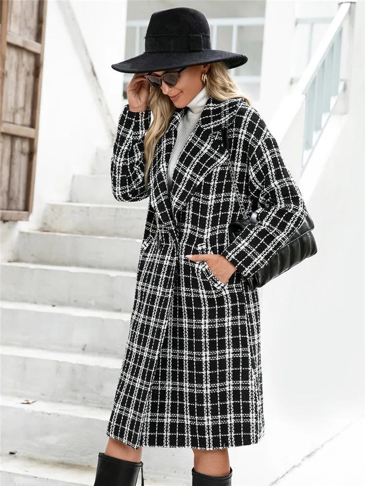 

High Quality Women Classic Black White Plaid Overcoat Fashion Warm Long Sleeves Single-Button Long Coat Autumn Winter