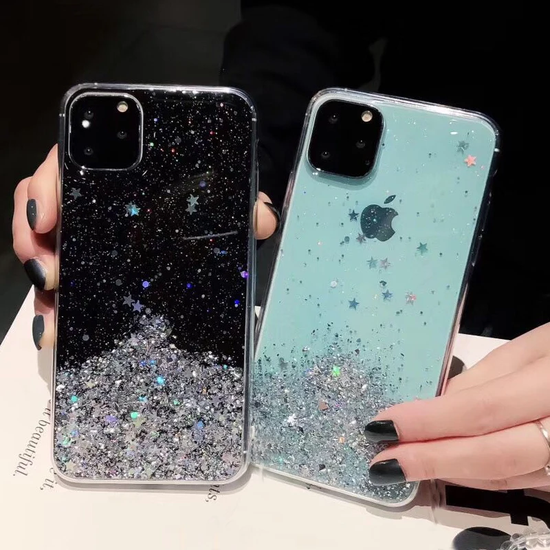 Не блестящий Блестящий блестящий чехол для iphone 11 11Pro Max 8 7 Plus 6S X XS Max XR блестящая Звезда прозрачность Мягкий чехол для телефона
