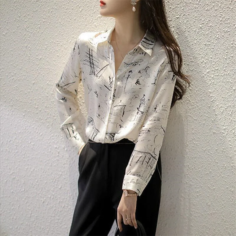 Women's printed chiffon Shirt Lapel long sleeves Summer thin Feminine Floral Tops loose Base shirt top trendy Female Blouse