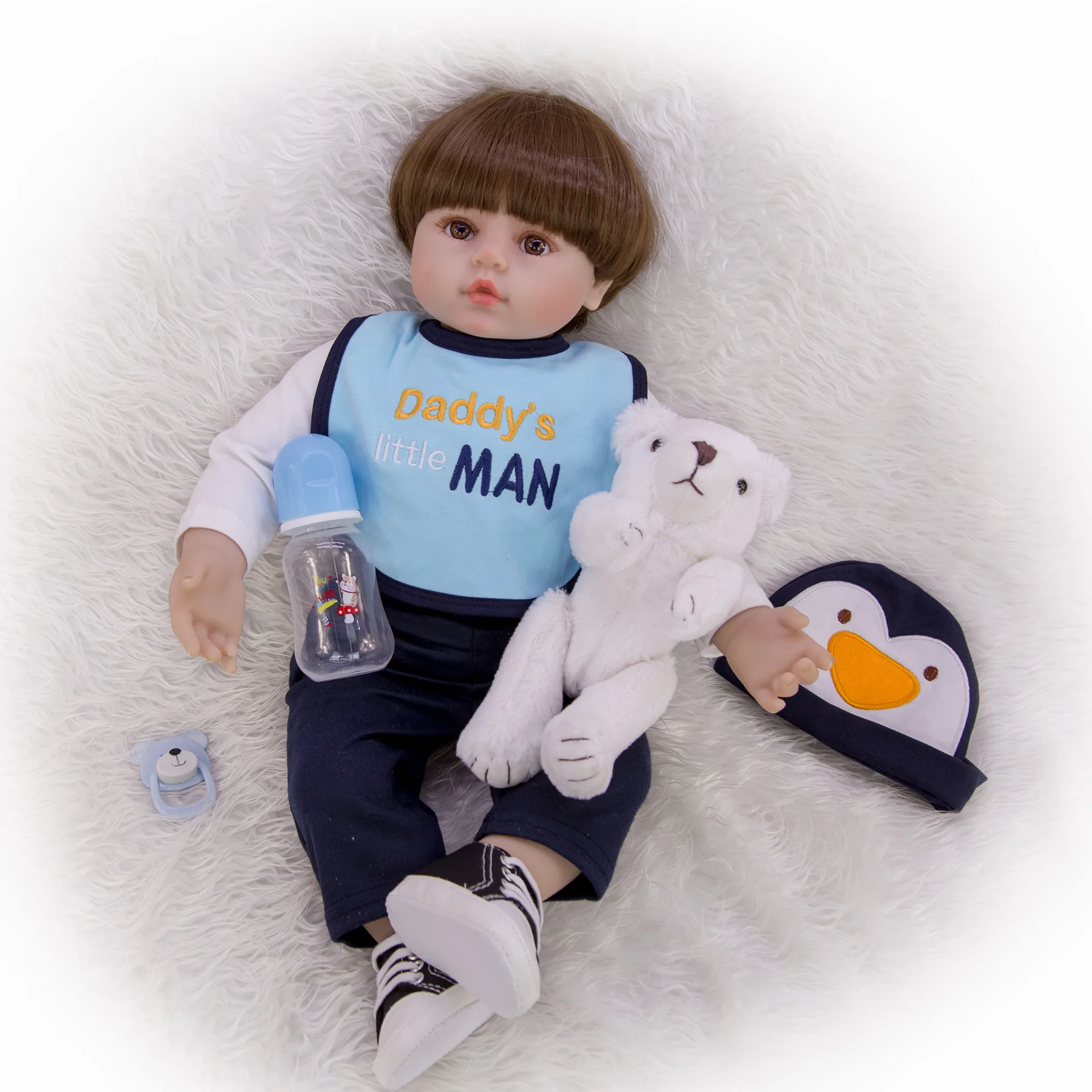 

60cm Silicone Reborn Baby Dolls Smooth brown short hair boy Realistic cotton body Baby Dolls Soft Touch children Xmas Gift toy