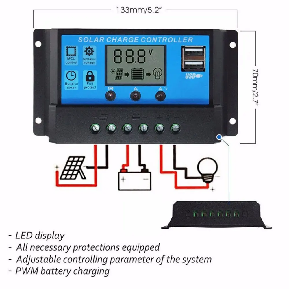 

10A/40A/50A/100A 12V/24V Auto Solar Charge Controller PWM Controllers LCD USB 5V Output Solar Panel PV Regulator
