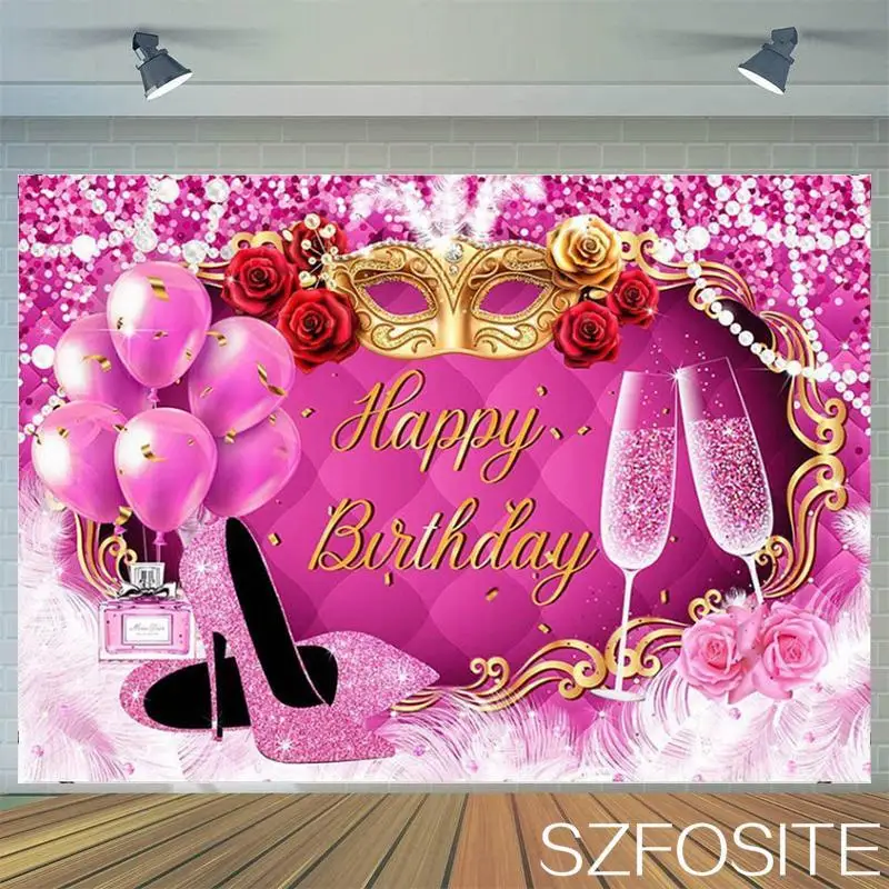 

Виниловый фон для фотосъемки детей с изображением золотой маски сладкой розовой вечерние шампанского дамы украшение стола на день рождени...