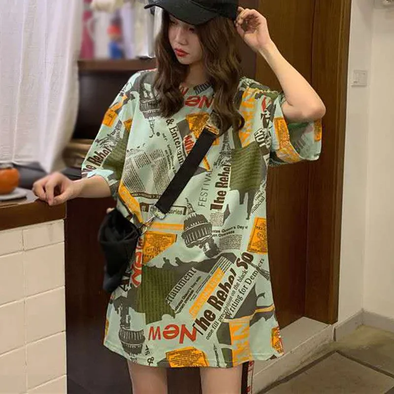 

Printed T-shirt For Woemn Summer Korean Style Retro Personality Printed Long Style Short-Sleeved Tops