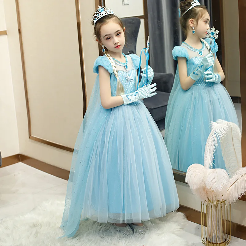 

Girl Halloween Dress Elsa Costume With Accessories Cloak Crown Princess Girls Blue Costume Snow Queen Cosplay TUTU Dress For Kid