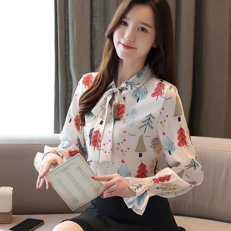 Корейская мода женская элегантная шифоновая блузка женские блузки с длинными