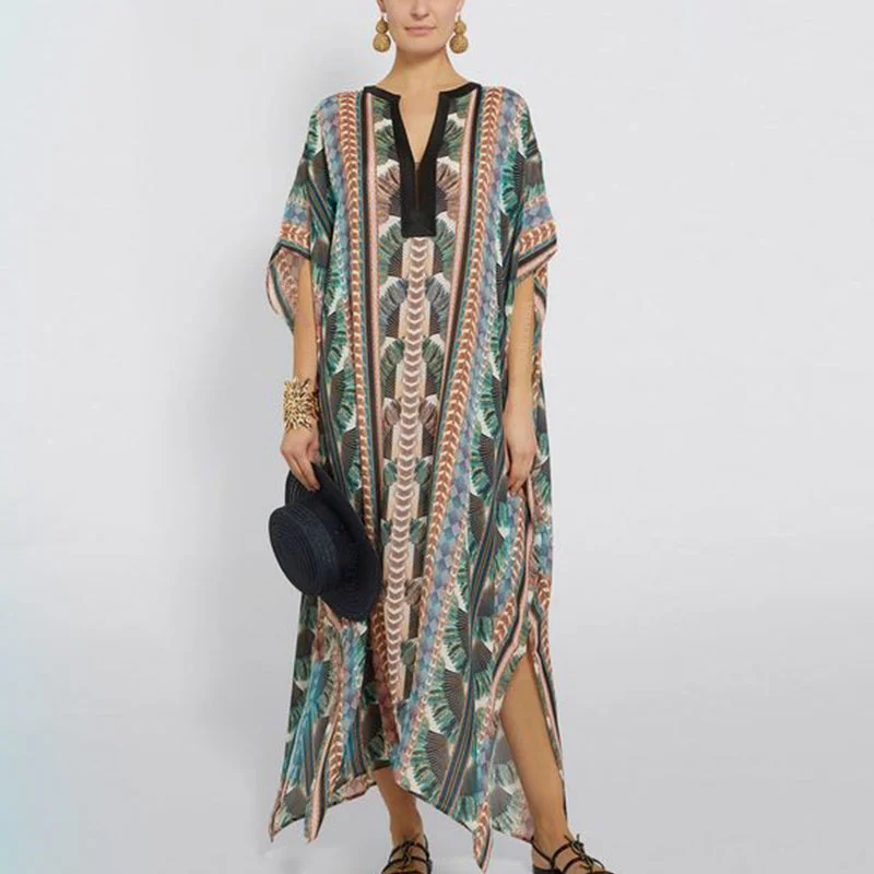 

2021 Quick-drying Cover-up Bohemian Printed Summer Dress Cotton Tunic Women Plus Size Beach Wear Swim Suit Cover Up Kaftan Q1047