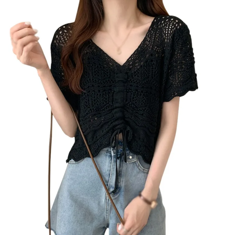 

Women Short-sleeved Tee Shirt Short Female Summer Thin Draw Rope Hollowing Sunscreen Knitted Shirt Tops