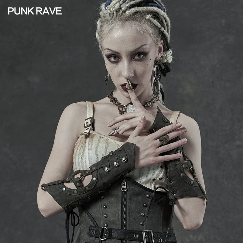 

PUNK RAVE Women's Steampunk Cut-out Long Gloves Personality Handsome Adjustable Eyelet Wearing Rope Halloween Cosplay Gloves