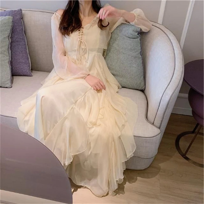 

2021 Summer Women Maxi Long Sundress Suspenders White Apricot Ruffles Fairy Dress Elegant Feminine Holiday Beach Romantic Dress