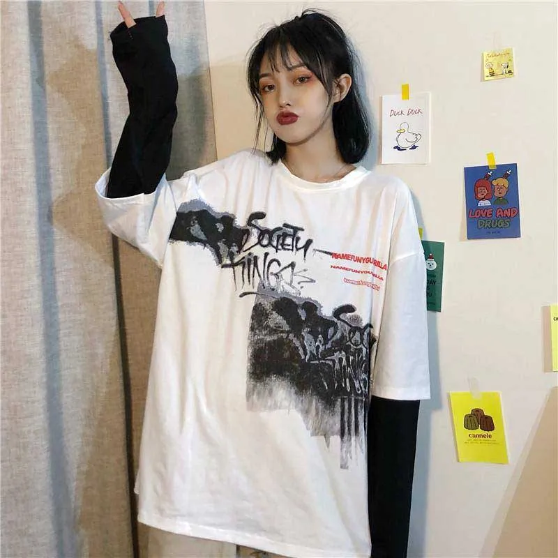 32510white NiceMix Harajuku футболка женская поддельная 2 шт. принт японский Fujiang Ужасы комиксы длинный рукав рубашка Женская Vetement Femme - Цвет: 32510white
