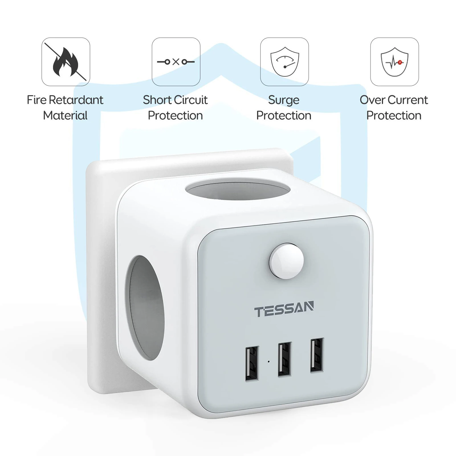 

TESSAN EU Plug Extension Socket with 3 AC Outlets and On/Off Switch, Wall Multi Outlets Power Strip with 3 USB Ports (5V/2.4A)