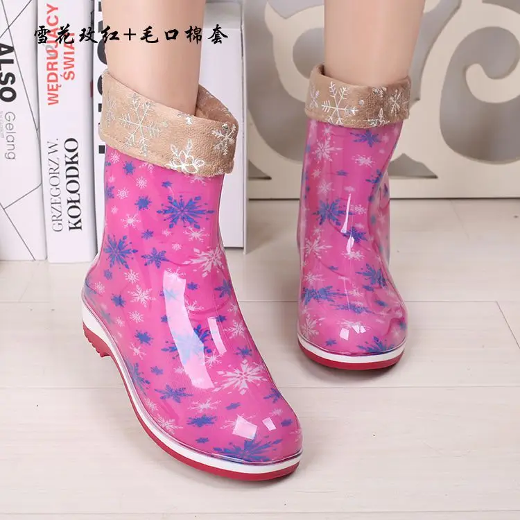 Женские резиновые сапоги средней длины модные теплые из хлопка для дождливой