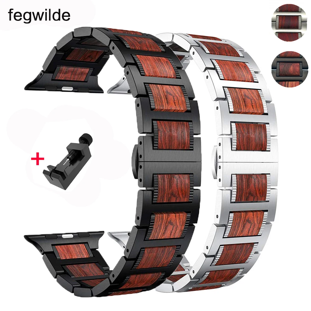 

Ремешок для Apple watch band 44 мм 40 мм iWatch series 6 5 4 42 мм 38 мм из натурального красного сандалового дерева + браслет из нержавеющей стали correa