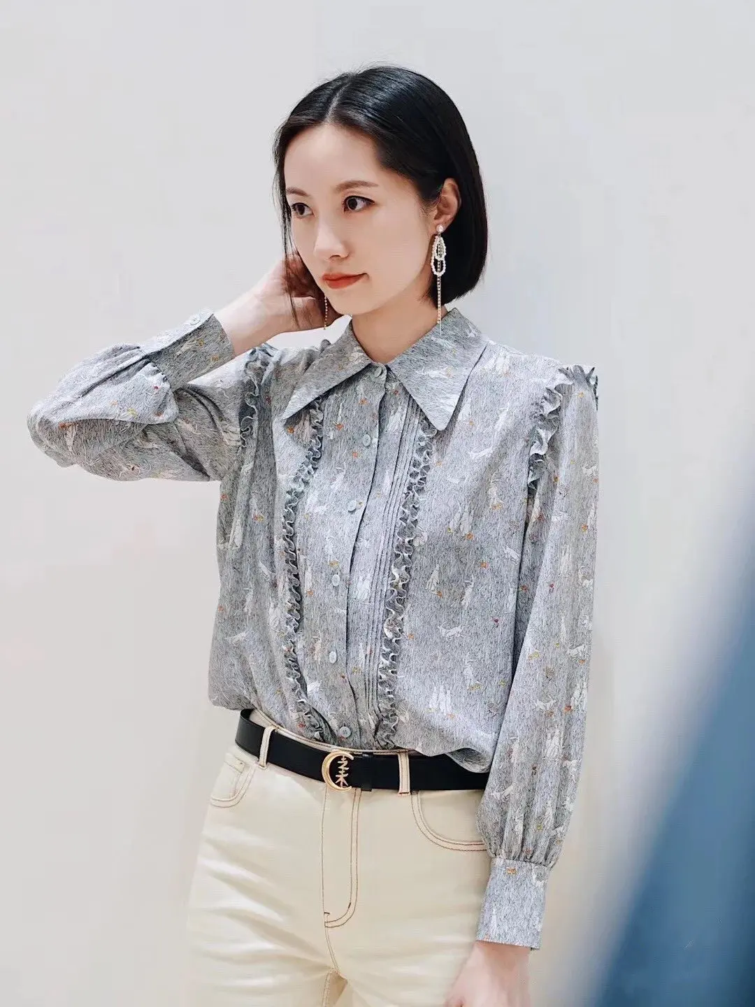 

More 100% silk bunny printing long sleeve shirt mulberry silk shirt chemisier femme