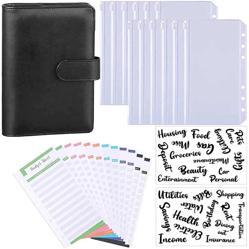 

A6 PU Leather Budget Binder Budget Planning Zippered Envelope 8 Pieces of A6 Binder Bag 12 Piece of Expense Budget Sheet
