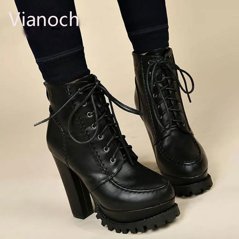 Fashion New Women Platform Pumps Sexy Lace Up Ankle Boots High Heels Shoes Party Heel 10cm Black wo180820 | Обувь