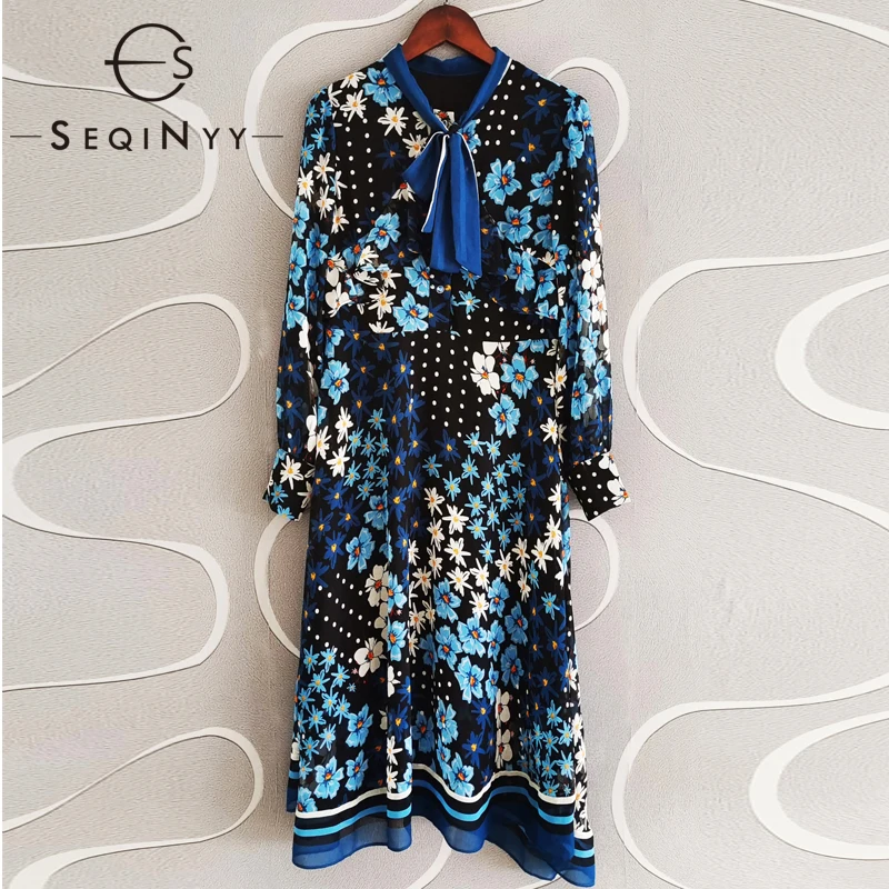 

SEQINYY Chiffon Dress Summer Spring New Fashion Design Women Casual Blue Flowers White Dot Print Black Midi