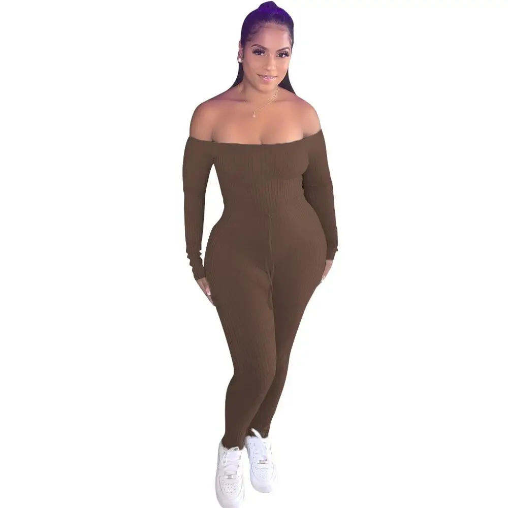 

Осенний Однотонный женский комбинезон Adogirl в рубчик, сексуальный комбинезон с открытыми плечами и длинным рукавом, Облегающий комбинезон н...