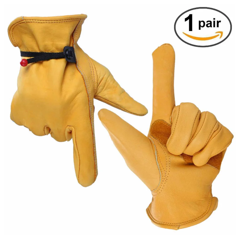 [AETRENDS] Flex Grip Leather Work Gloves Stretchable Wrist Tough Cowhide Working Gloves(Gold, S, M, L, XL) O-0047
