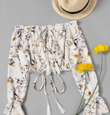 

2020 New Arrivals Fashion Women Clothes Blouses Crop Tops Floral Casual Shoulder Long Sleeve Tops for Women