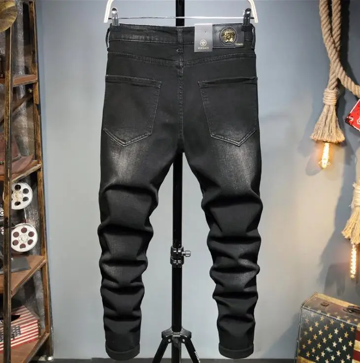 Men's micro-stretch jeans trousers original design New european american embroidered cross medal small straight trendy Pants