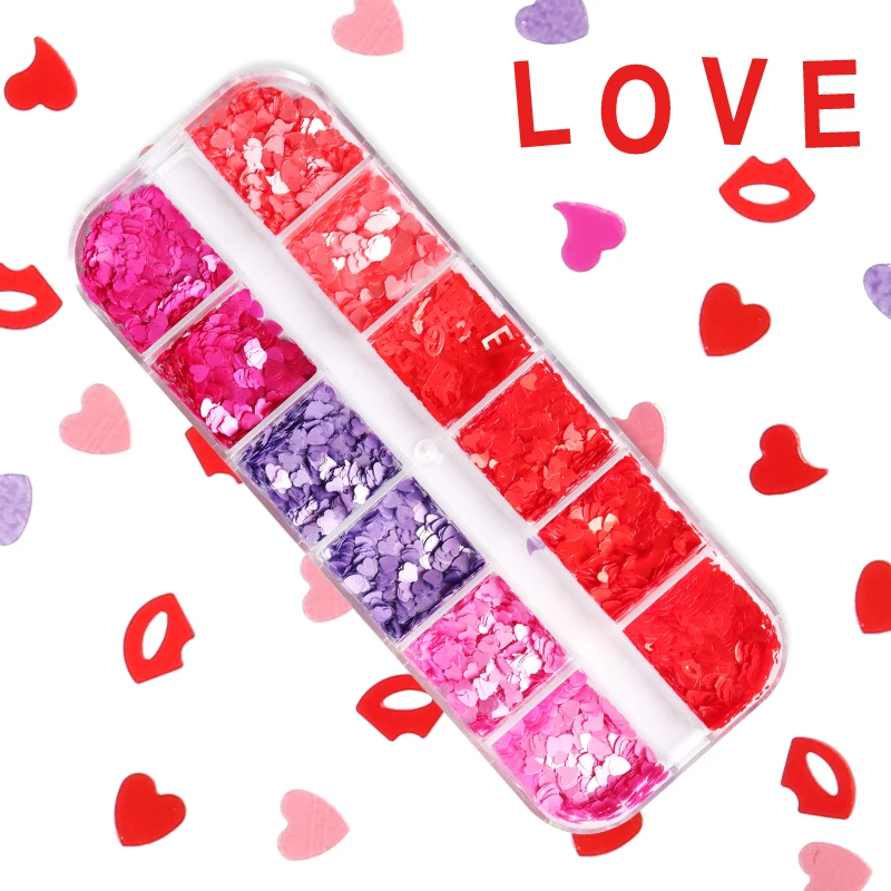 

Valentines Day Nail Art Glitter Red Lips Love Heart Sequins Romantic Nail Design Flakes Nail Decorations French Polish Manicure