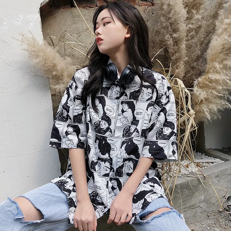 

Beach Style Retro Summer Women Tops and Blouses Turn-down Collar Button Decor Top Female Casual Printed Shirt