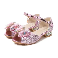 girls sandals spring new sequined princess shoes fashion hollow girl show high heel beach shoes for party heel butterfly knot