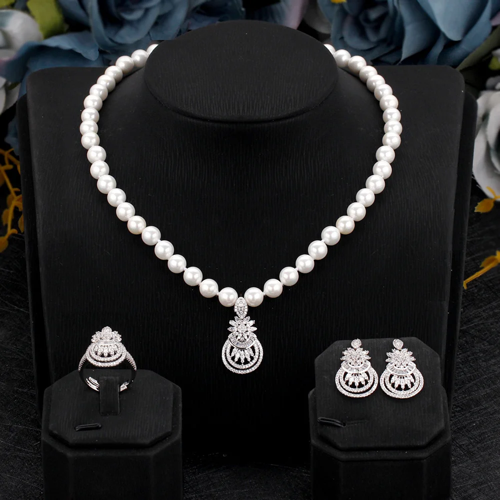 

Trendy Popular Women Pearl Jewelry Set 3 PCS High Quality Cubic Zirconia Saudi Arabia Bridal Wedding Jewellery Accessories