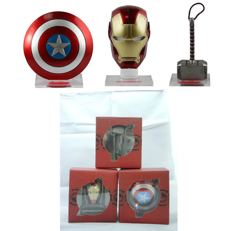 

Marvel Avengers Captain America Shield Iron Man Helmet Thor Hammer Capsule Toys Set Super Hero Weapons Mini Model Ornament Gift