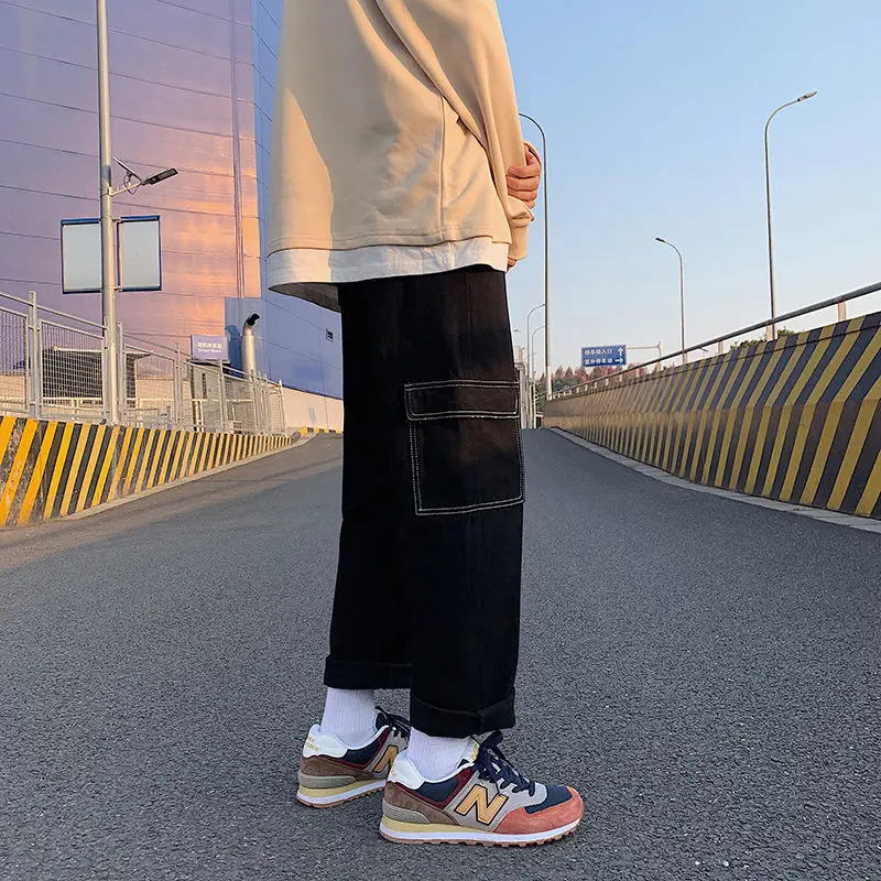 2021 spring new men's jeans Korean style loose straight three-dimensional big pocket trendy wide-leg pants