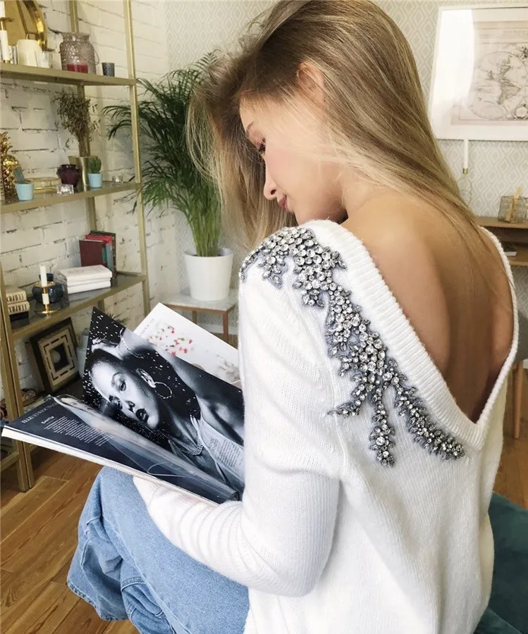 2020 роскошный кашемировый шерстяной свитер со стразами и бусинами Женский