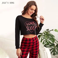 julys song 2 pieces pajamas set women black red plaid pattern long sleeves trousers cute autumn soft sleepwear suit lounge wear