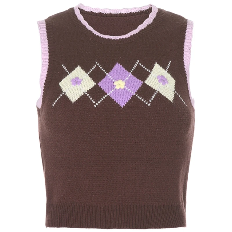 

Women Vintage Knit Sleeveless O-Neck Vest Argyle Plaid Jacquard Sweater Tank Top N58F