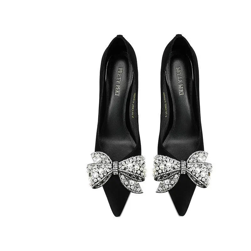 

Spring and autumn 2021 new diamond bow pointed high heeled shoes