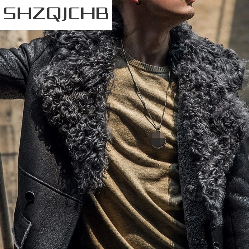 

JCHB 2021 Brand Men Winter Real Fur Medium-Long Jacket Luxury Thicken Warm Shearling Outerwear Fur Collar Lapel Military Coat Ov