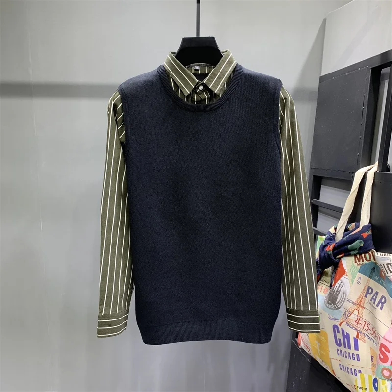 

2021 Spring Autumn Sweater Mens Knitwear Fashion Slim Sweaters Fake Two-piece Turn-down Sweater Shirt Collar Casual Clothes E126