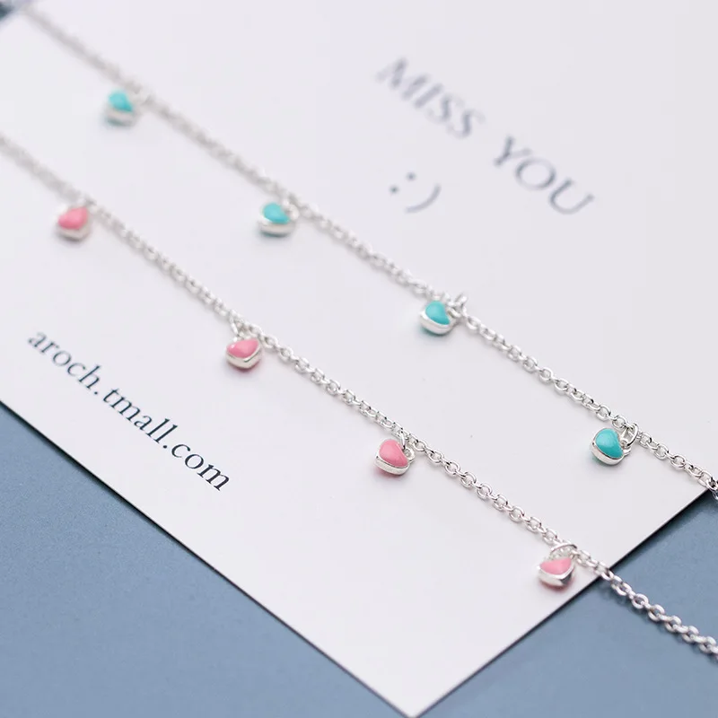 INALIS S925 silver bracelet female Japanese and Korean style simple pink green love sweet girl heart jewelry | Украшения и